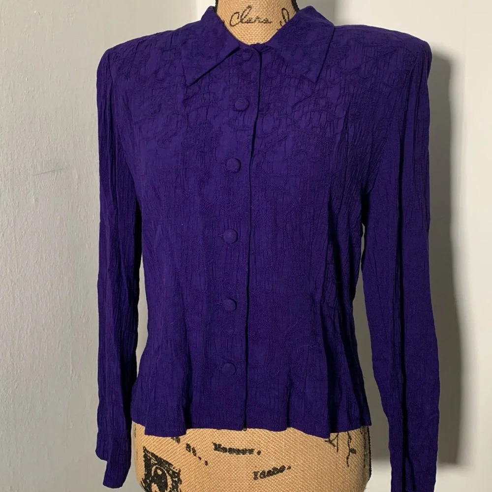 Vintage Karin Stevens Jacket Dark Purple Button Front Solid Long Sleeve